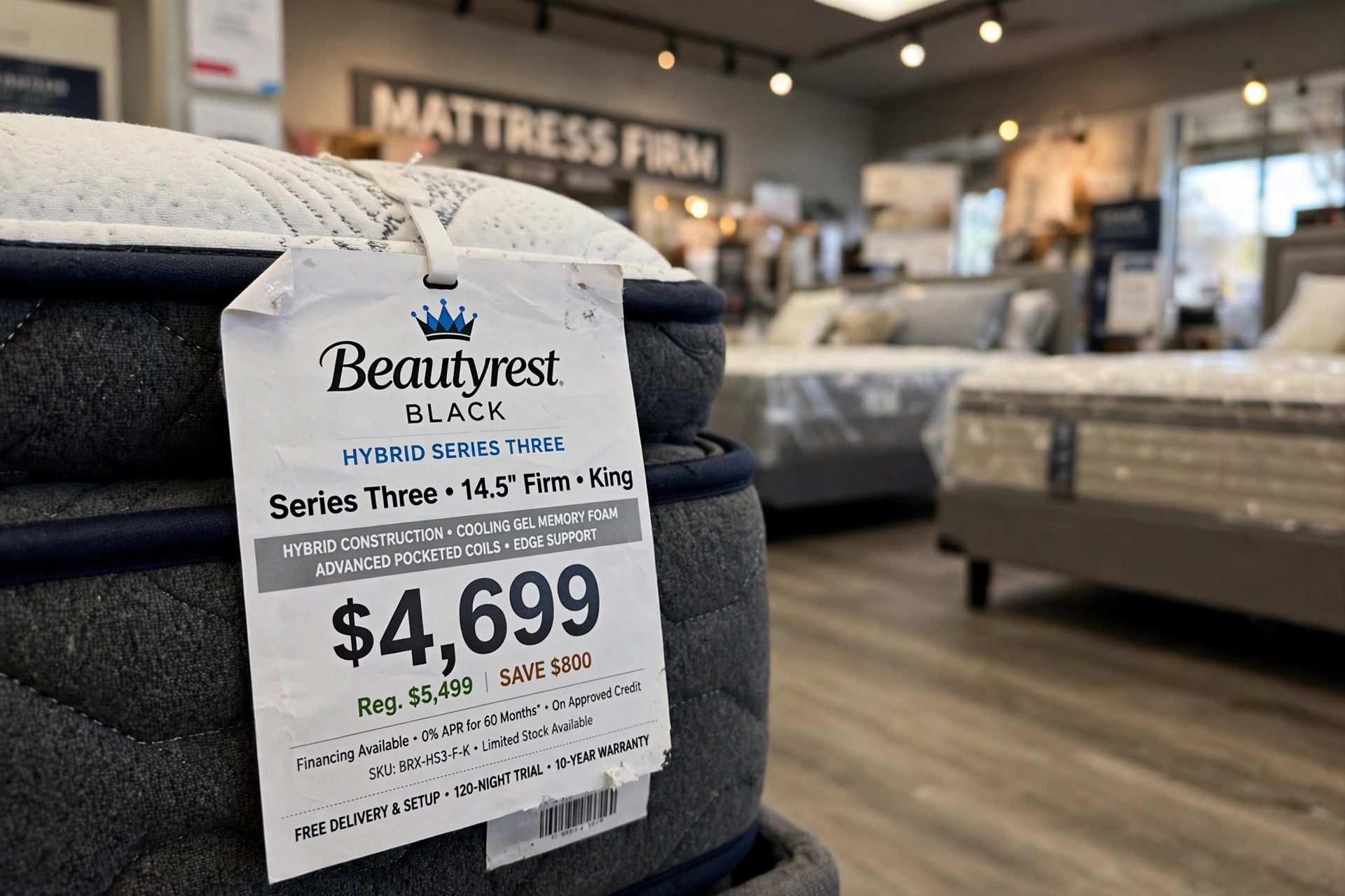 Customer photo of a Beautyrest Black Hybrid Series Three 14.5 inch Firm king mattress store tag